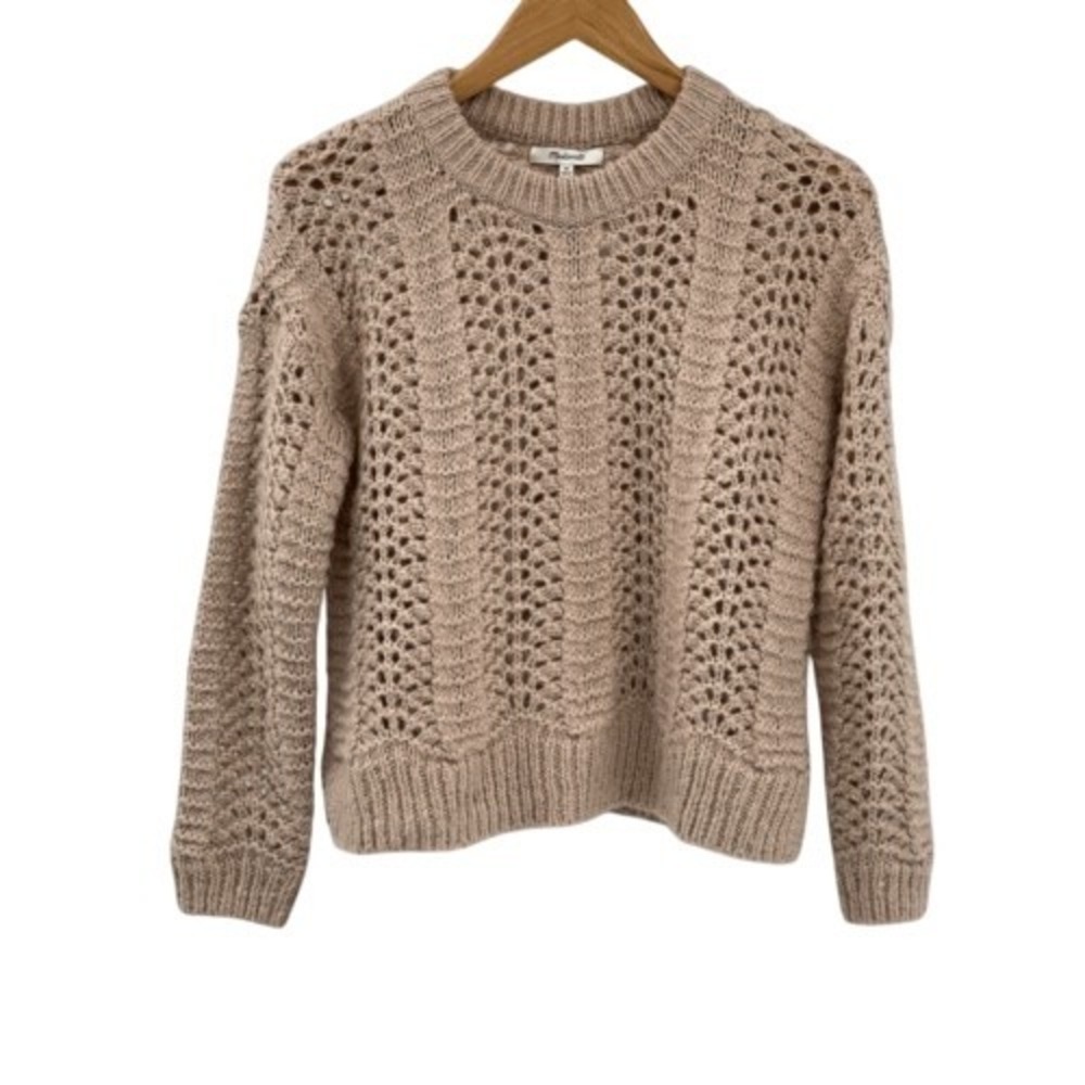 Madewell Sweater Windemere Pointelle Women XS Tan Alpaca Wool Open Knit Boxy